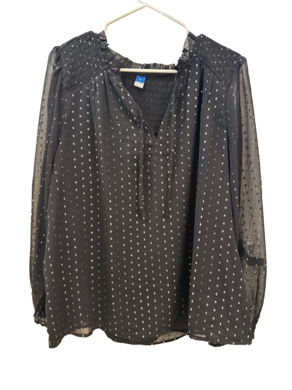 Old Navy Black Silver Metallic Clip Dot Smocked Blouse • Sheer Tie Neck Top XL